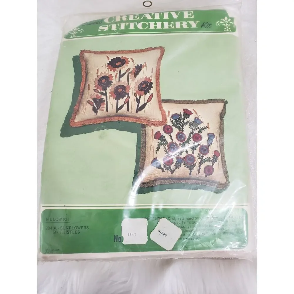 Vintage Crewel Creative Stitchery Kit (pillow kit) Sunflowers & Thistles Mod 70s